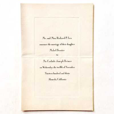 Invitation marriage Mabel Bernice Lea and Carlisle Joseph Reimer, 1930