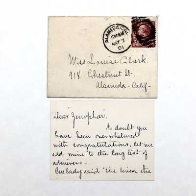 Envelope with card congratulating Louise Clark about performance, 1901