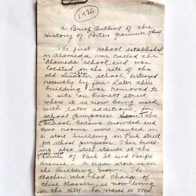 Handwritten history of the Porter Grammar School, prior to 1971