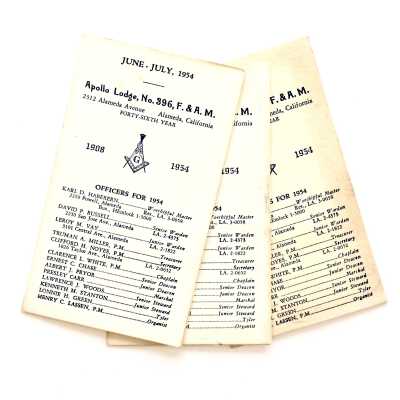 Bulletins and messages from Apollo Lodge #396, Masons, 1954