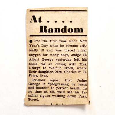 Clipping 'At Random' about recovery of Judge George from an illness, prior 1954
