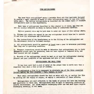 Instruction sheet on 'Fire Extinguishers' by the Auxiliary Fire Department, c. 1950