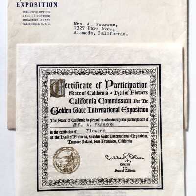 Certificate of participation and envelope, Golden Gate International Exposition, 1940