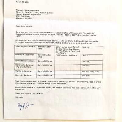 Information about the John August Sandman family, 2004