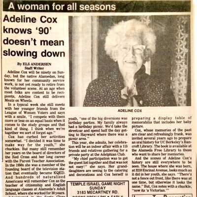 Clipping about Adeline Toye 'A Woman for All Seasons', 1985