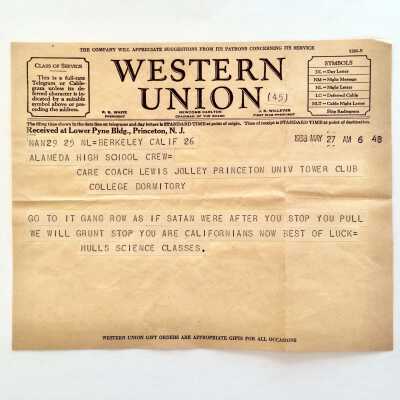 Western Union Telegram wishing success to Coach Jolley and Team, c. 1938