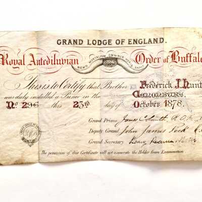 Membership document for Grand Lodge of England, Order of Buffaloes, 1878
