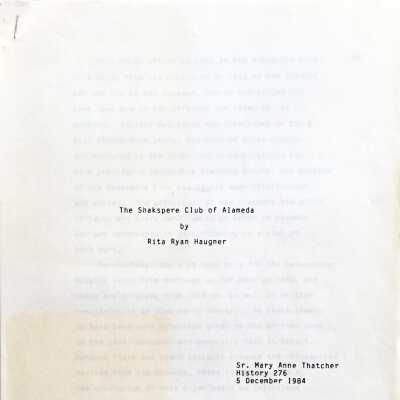 Historical report about the Shakespeare Club, by Rita R. Haugner, 1984