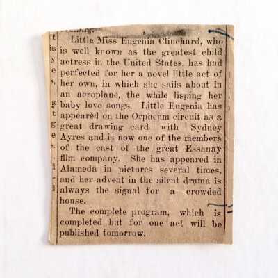 Clipping about Eugenia Clinchard in movies filmed by Essanay Film Co, c. early 1900s