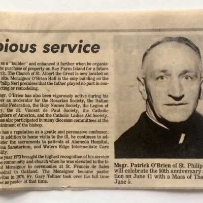 Clipping 'Msgr. O'Brien: 50 Years of Pious Service' at St. Philip Neri, 1983
