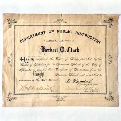 Herbert D. Clark's graduation from Haight Grammar School, Ca. 1888