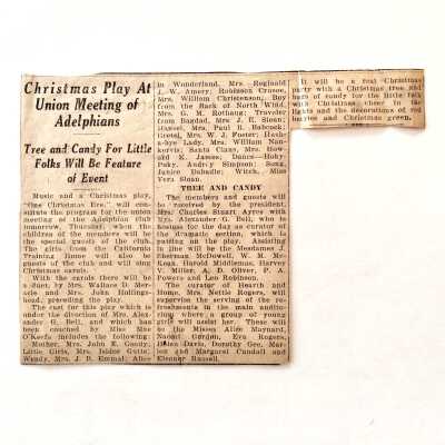 Clipping 'Christmas Play at Union Meeting of the Adelphian Club', c. 1920s