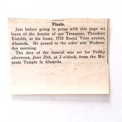 Newspaper clipping 'Finale' about death of Theodore Eisfeldt, c. 1923