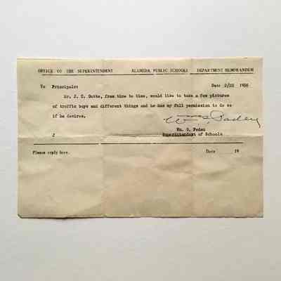 Permission slip for Jack Gutte to take photos at schools, 1936