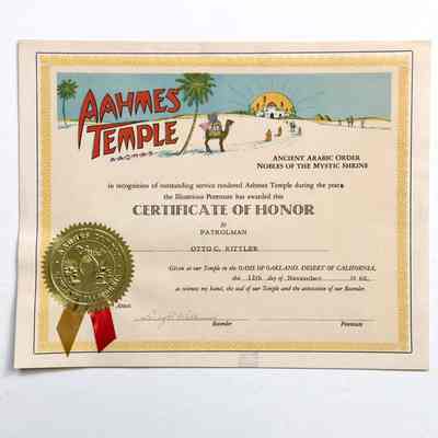 Certificate of honor presented to Otto Rittler by AAHMES Temple, 1960