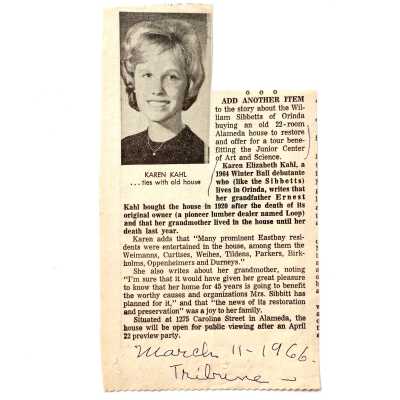Clipping about Karen Kahl of the Loop Lumber Company family, 1966