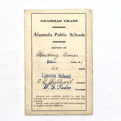 8th Grade Lincoln School Report card of Harding Ames, 1914