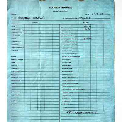 Alameda Hospital Lab Work Request Form for Mildred Meyers, 1943