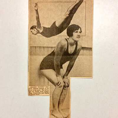 Clipping about Lillian 'Bunny' Fergus, defencing her diving title, 1927