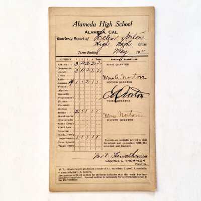 Alameda High School Report Card of Helen Norton, May 1911