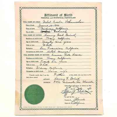 Affidavit of birth for Mabel Cecilia Brink Schumacher, 1943