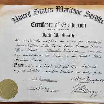 United States Maritime Service Merchant Marine Course Certificate of Graduation