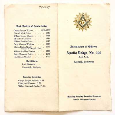 Program Installation of Officers for 1920, Apollo Lodge 396 (Masons), 1919