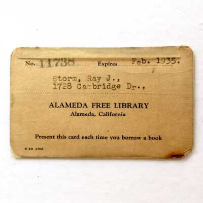 Library Card issued to Ray J. Storm, expired in 1935