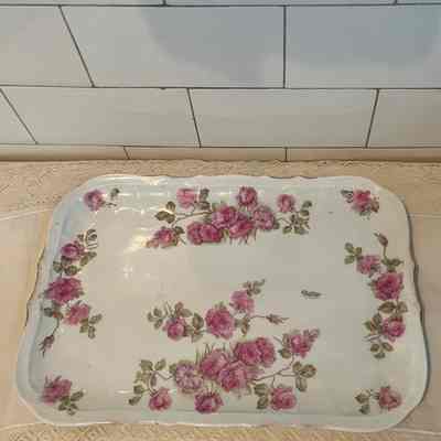 Elite Works Limoges porcelain dresser tray with pink roses, early 1900