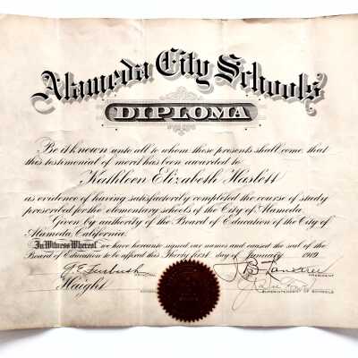 Diploma awarded Kathleen Elizabeth Haslett, Haight School, January 1919