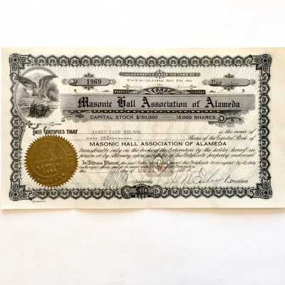 Masonic Hall Association Stock Certificate of James Z. Nelson, 1947