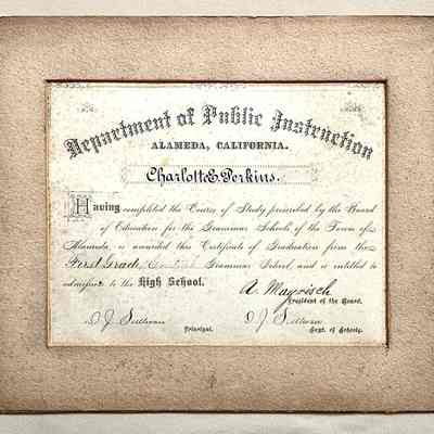 Certificate Grammar School Completion of May C. Perkins, c. 1890