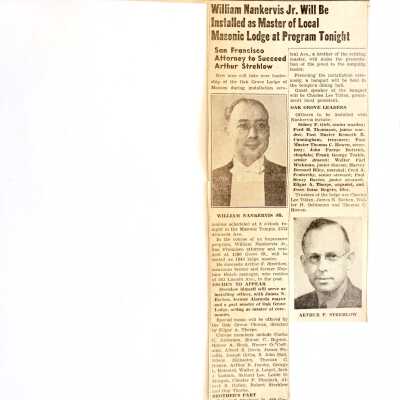 Paper Clipping, installation William Nankervis Master Lodge of Masons, 1942