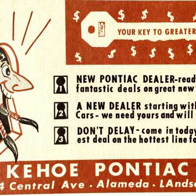 Postal card flyer from Kehoe Pontiac Co., c. 1950s