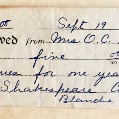 Receipt Payment of Dues Shakespere Club, Mrs. Oliver C. Haslett, 1906