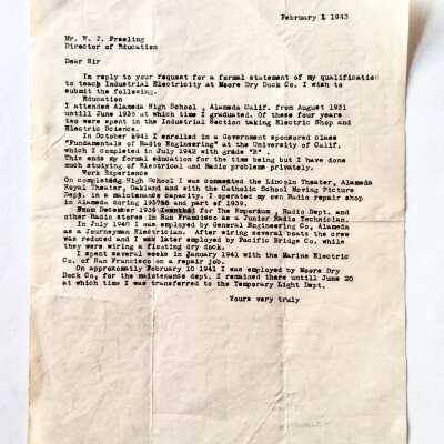 Letter by William Priest stating qualifications for a job, 1943