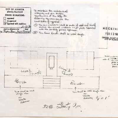 Sketch and photo for enclosing the porch of 3248 Liberty Ave, 1986