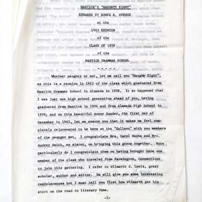 Carbon copy of a typewritten speech, given at a Mastich School reunion, 1963