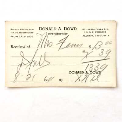 Receipt for services from Donald A. Dowd, Optometrist, 1941