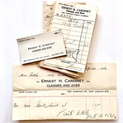 Bills for laundering of a suit at Ernest Cardinet's Dry Cleaning, c. 1916