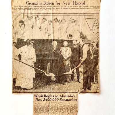 Newspaper Clipping with photo Ms. Creedon and Dr. W.O. Smith at groundbreaking new hospital, 1924