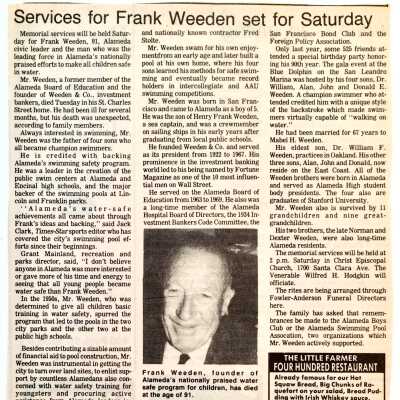 Clipping about the death of Frank Weeden, 1984