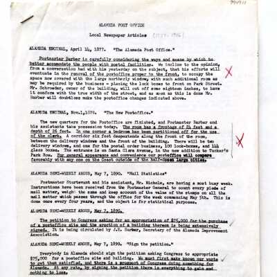 Report with newspaper excerpts about the Alameda Post Office, prior 1999