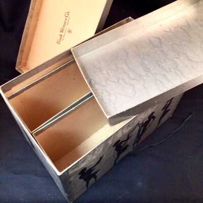 Silver papered box with designs of silhouettes of flapper-style women, c. early 1930s