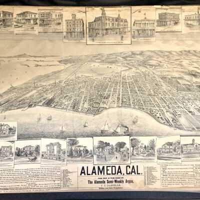 Bird's eye map of Alameda (but missing right margin), c. 1887
