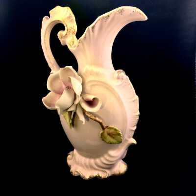 Porcelain vase in pitcher form sold by the Barker-Tilton Furniture Co., early 1950s