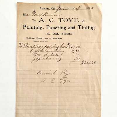Receipt for labor issued by A. C. Toye, Painting, Papering, & Tinting, 1903