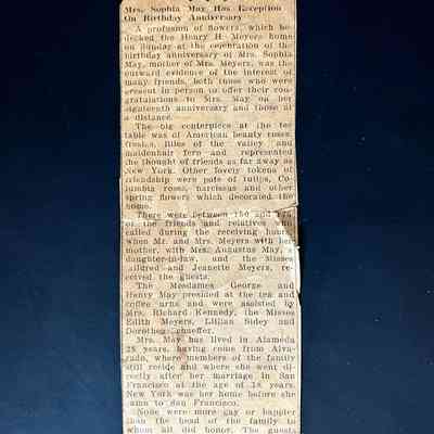 Clipping about 80th birthday of Sophia May, c. 1925