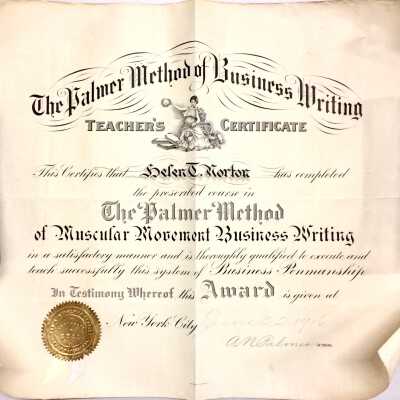 Teachers Certificate awarded Helen Norton re penmanship course, 1916