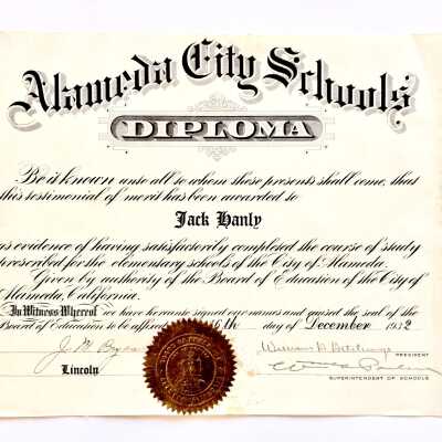 Lincoln School Diploma awarded Jack Hanly, 1932